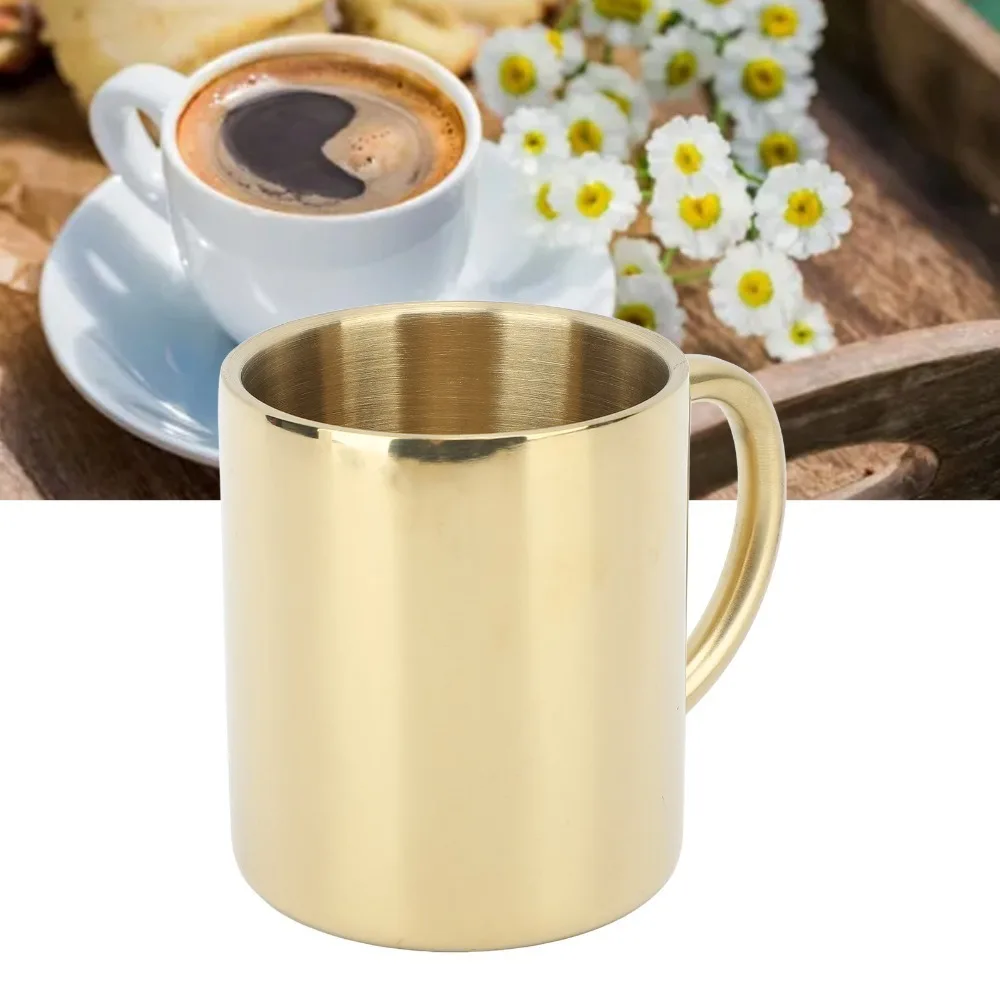 Practical Rustless Steel Wall Mug Double Layer Polished Tea Cup with Side Handle Heat Insulation Beverage Vessel Home