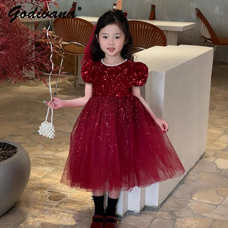 Sweet Baby Girls High End Sequin Summer New Princess Dress Kids Fashion Puff Sleeve Birthday Party Performances Tulle Dress