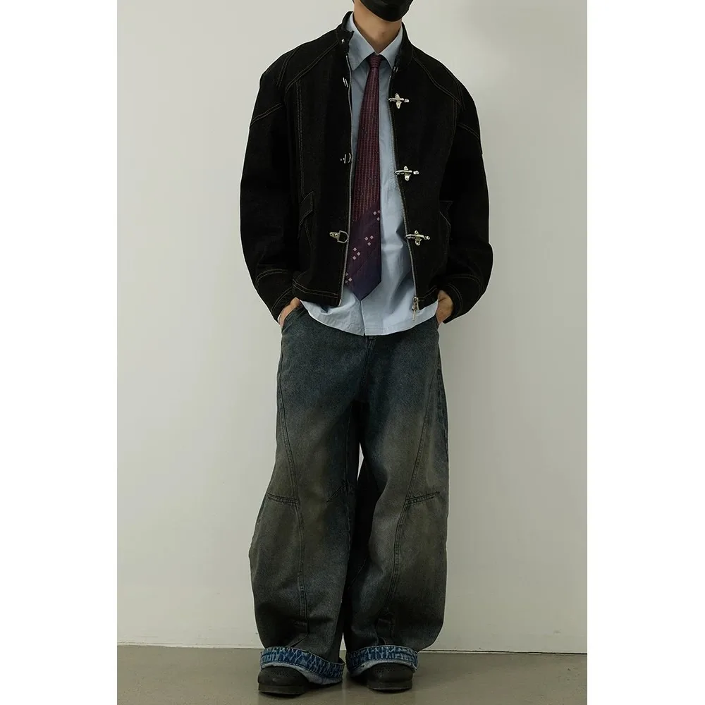 Black Design Sense Aircraft Buckle Denim Jacket Men's Loose Fit Zipper Collar Jacket Versatile Autumn Outerwear Polyester