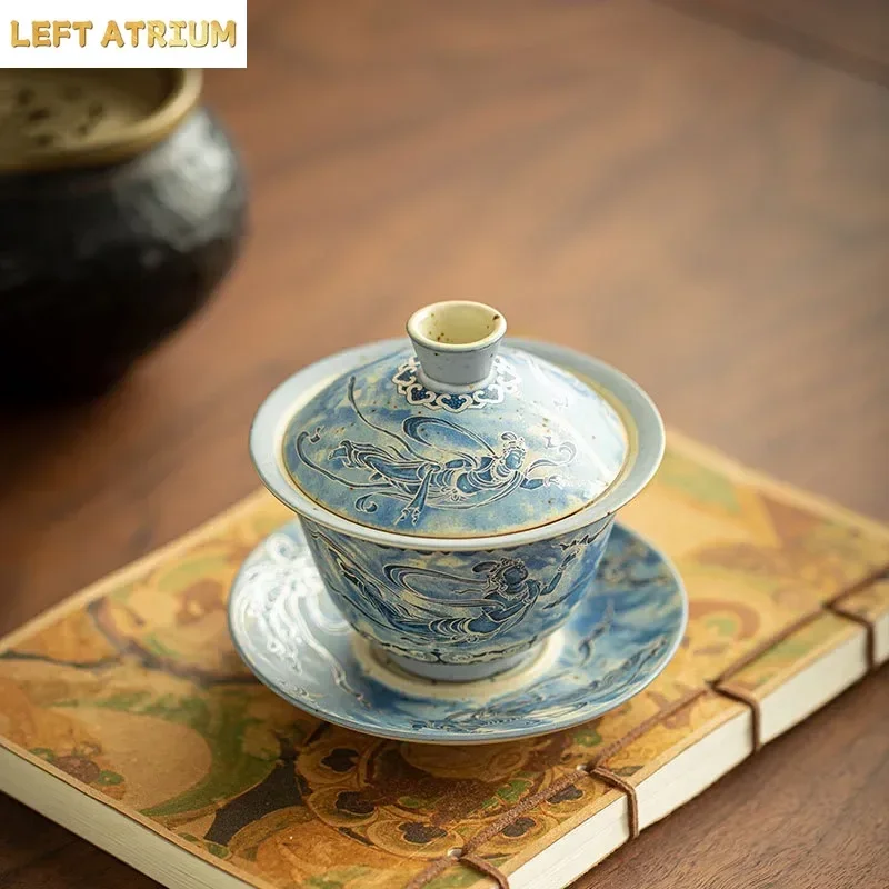 150ML Dunhuang Feitian Blue and White Flint Red Gaiwan Sancai Gaiwan Tea Bowl Jingdezhen Ceramic TeaSet Household KungFu TeaSet