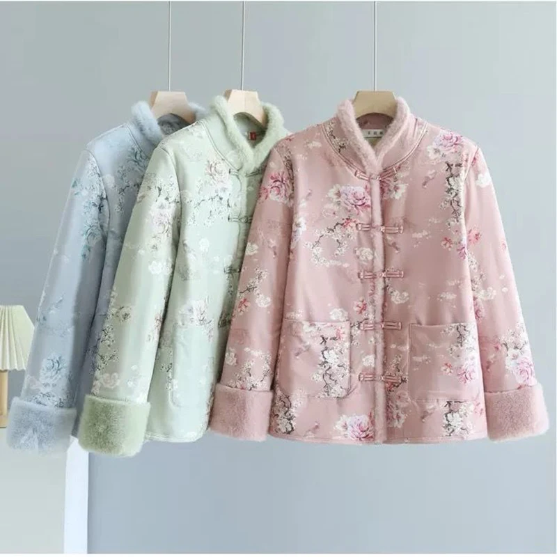 

New Chinese Thick Warm Parka Coat Autumn Winter Printed Cotton Jacket New Vintage Buckle Plus Velvet Cotton Coat Tops