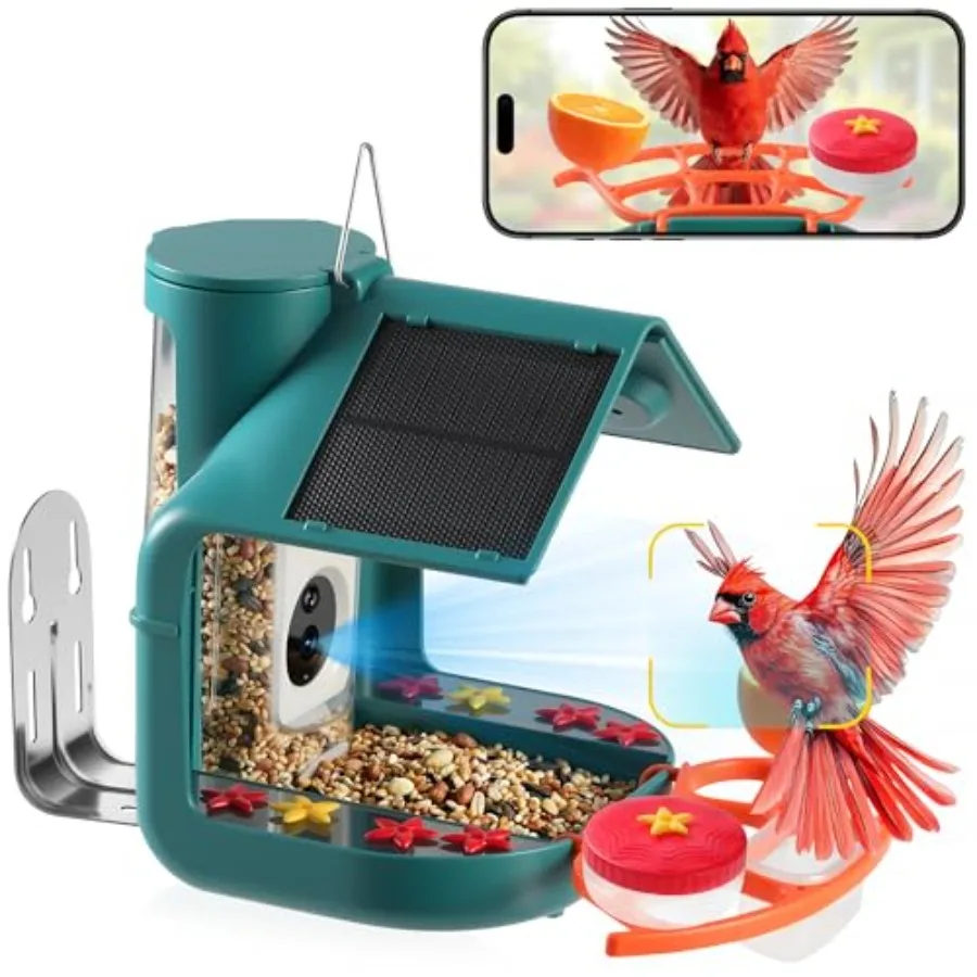 

Outdoor garden patio smart bird feeder with dual solar panel 2K HD camera AI bird ID instant alert IP65 weatherproof black fini