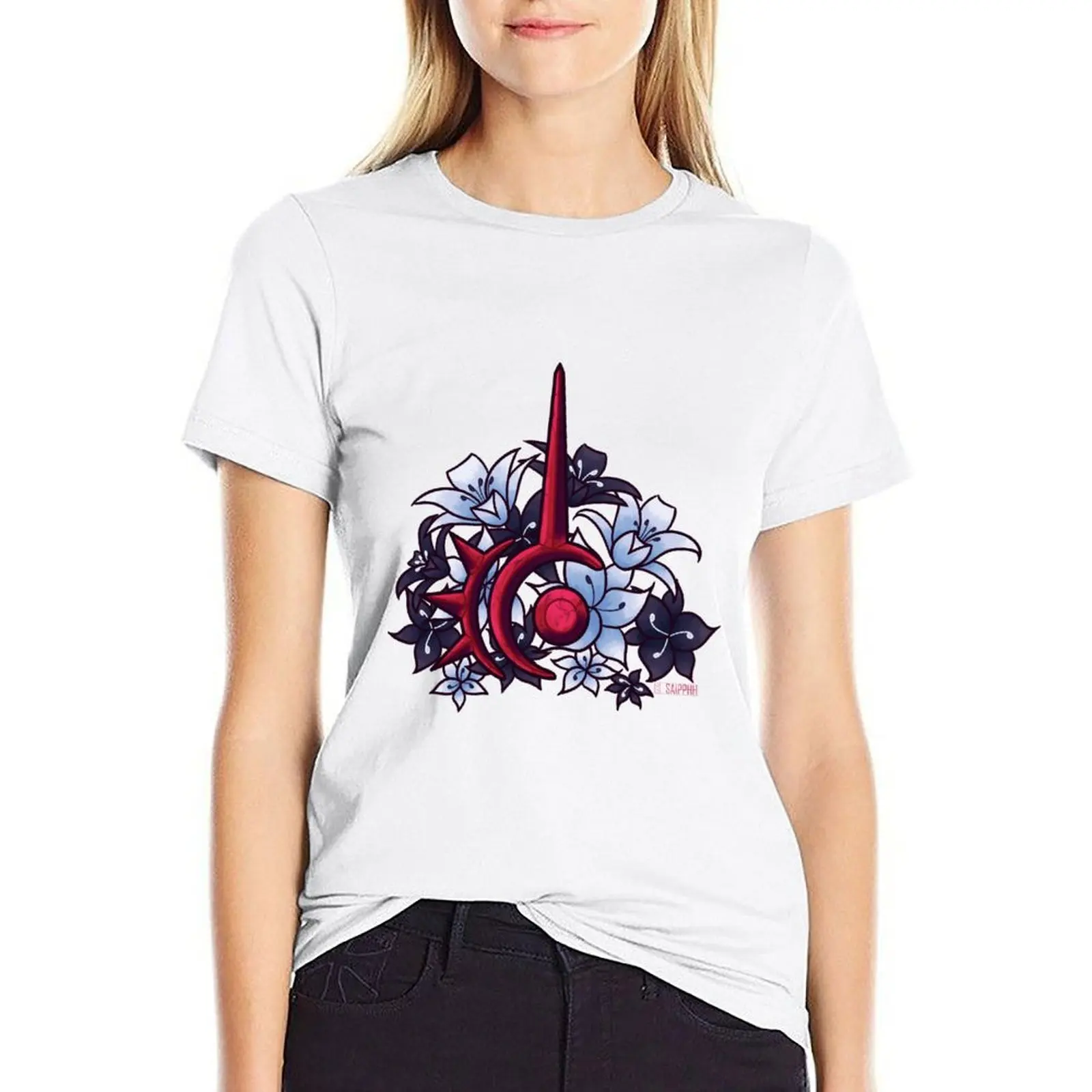 

FFXIV Red Mage Job Symbol with Flowers T-shirt cute tops Short sleeve tee shirts graphic tees Women clothes