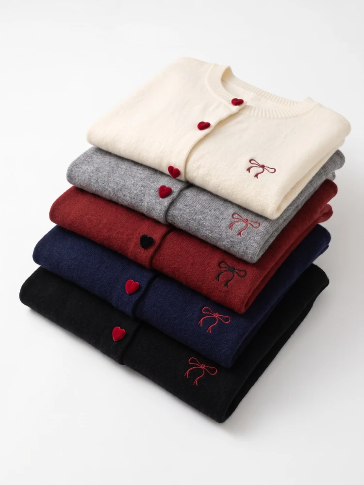2026 Autumn O-Neck Single Breasted Heart Button Sweater Bow Embroidery Knitted Women Cardigan Korean Casual Tops Woman Clothes