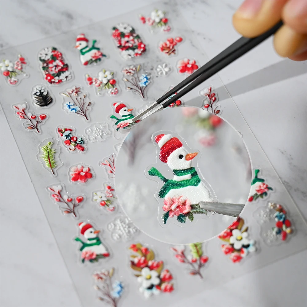 5D geprägte Weihnachten Nail Art Aufkleber Cartoon Relief Schneemann Blumen Weihnachtsbaum Designs Y2k Winter DIY Urlaub Nagelaufkleber