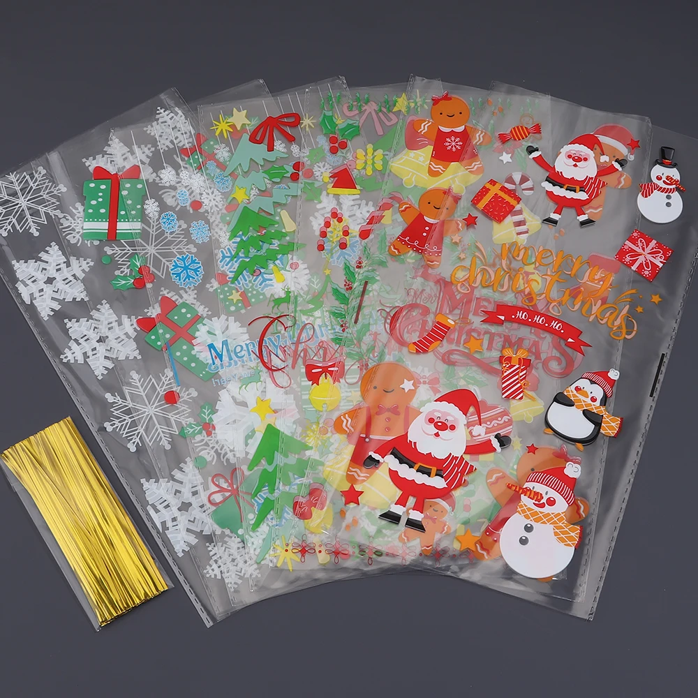 50pcs Christmas Gift Bags Cartoon Santa Xmas Tree Snowflake Print Transparen OPP Bags Biscuit Candy Jewelry Packaging Bag