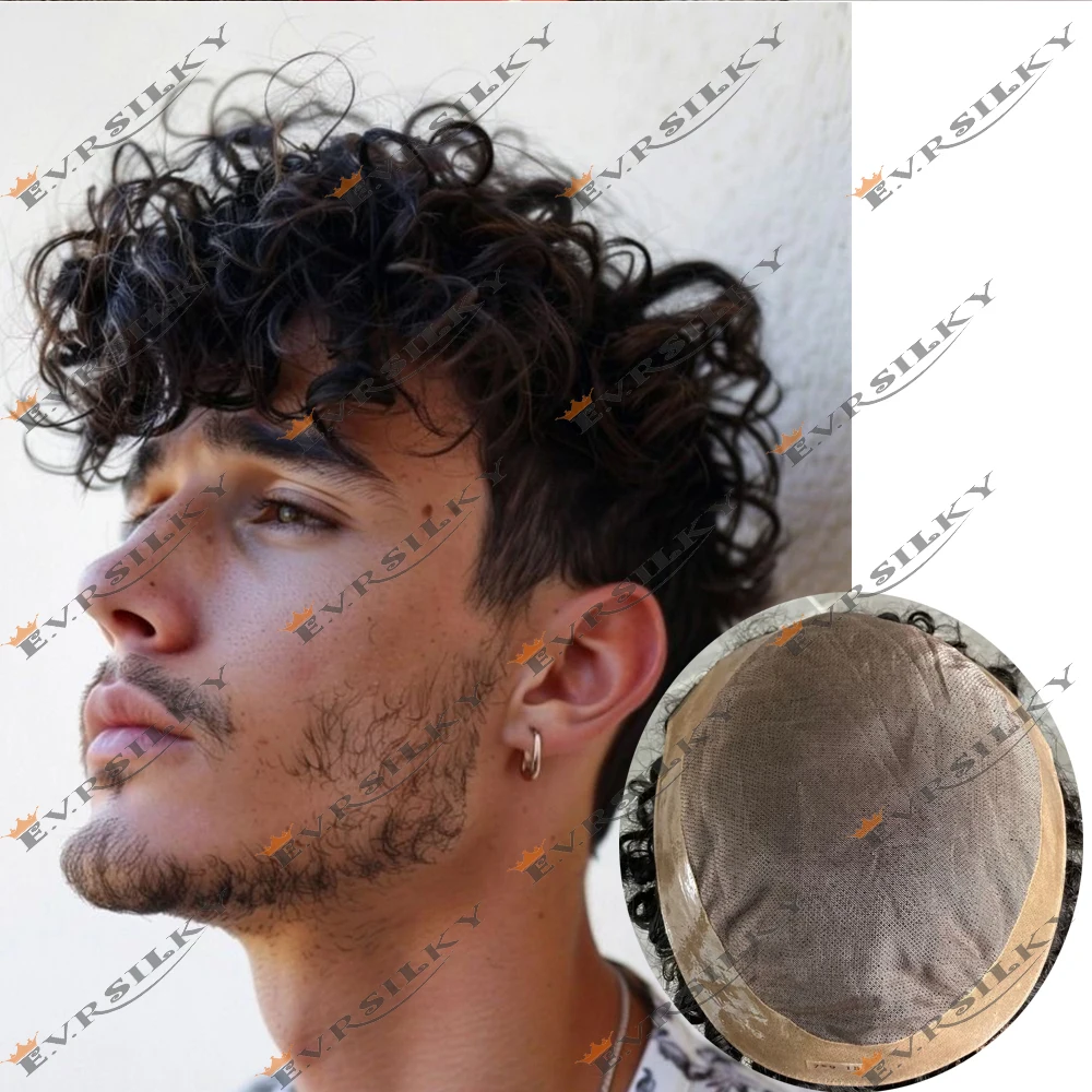 20mm Curly Super Durable Mono Mesh Lace&Pu Brown Black Human Hair 15mm Afro Men Toupee Replacement System Breathable Prosthesis