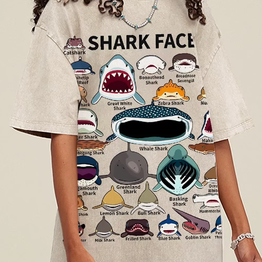Water Retro Old Neutral Style T-Shirt Various Shark Printing High Quality Pure Cotton Round Neck Pullover New Short Sleeves
