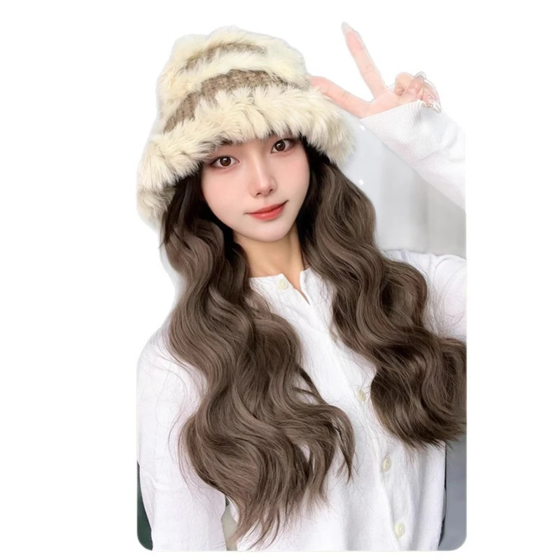 

Hat Wig Winter Warm Plush Knitted Hat Water Ripple Maillard Wind, Woolen Fisherman Hat Women's Warmth