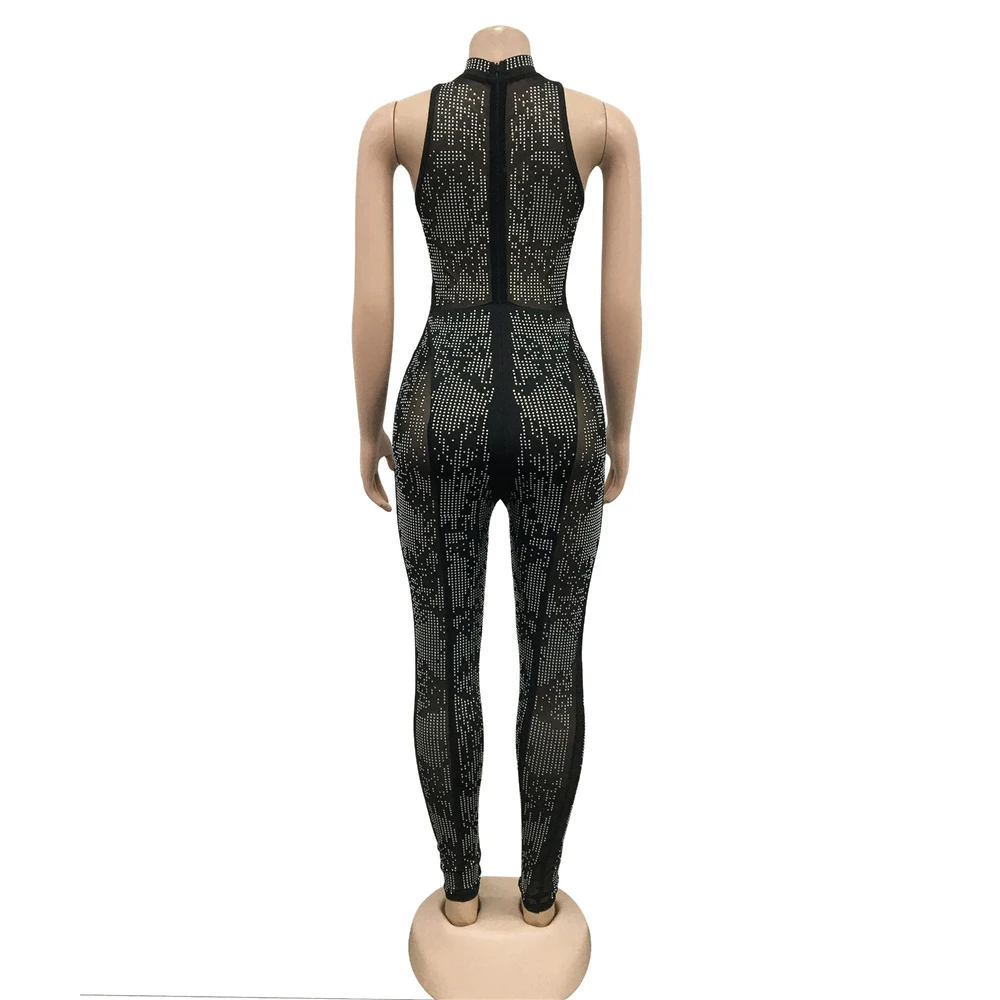 Women Sexy See Through Hot Drilling Bodycon Romper 2022 Fashion Overalls Party Clubwear Mesh Patchwork Cut Out Jumpsuits