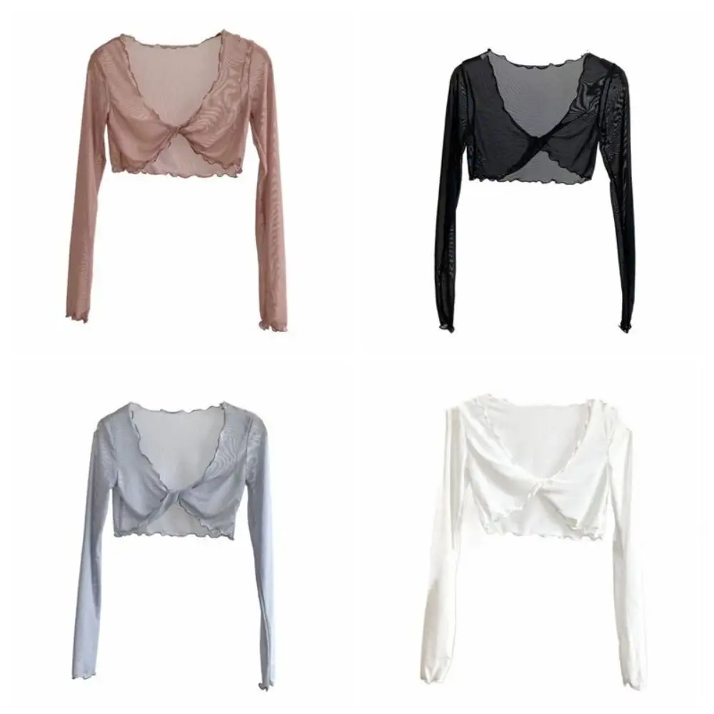 Fashion Ruffle Mesh Knot Cardigan Long Sleeve See Through Transparent Cardigan Korean Beach Wear Sun Protection Tops Women