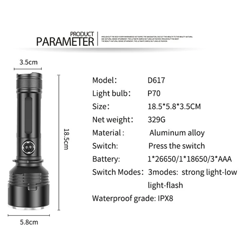 Powerful XHP70 LED Diving Flashlight Underwater 300 Meters  3 Modes Super Bright Using 26650 18650 battery Torch With hand rope