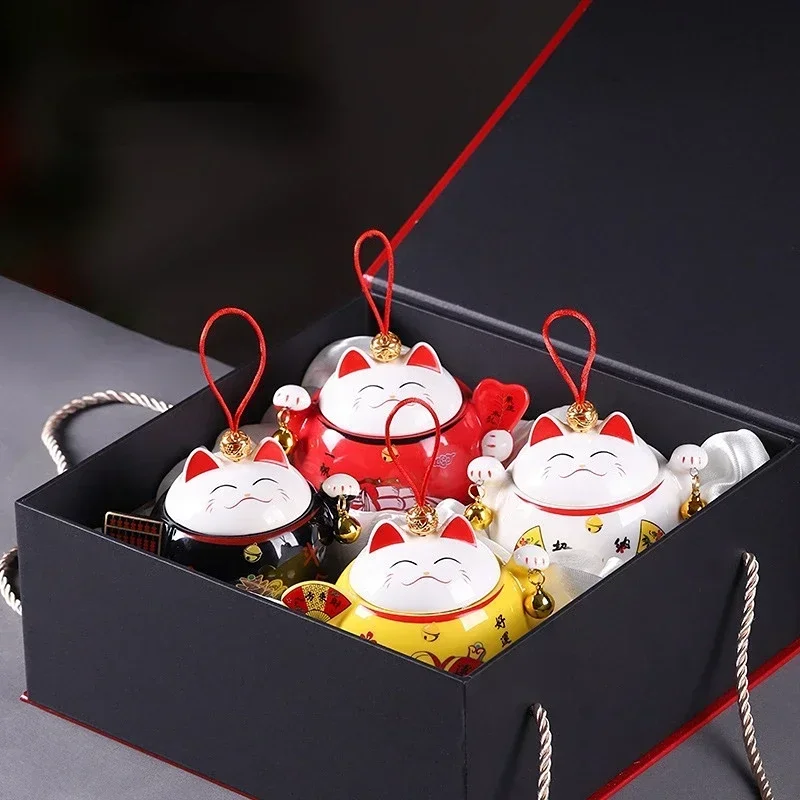 4pcs Lucky Cat Ceramic Storage Jar Set Japanese Cartoon Cat Sealed Jar Household Tea Coffee Salt Sugar Storage Box Sets Gift Box