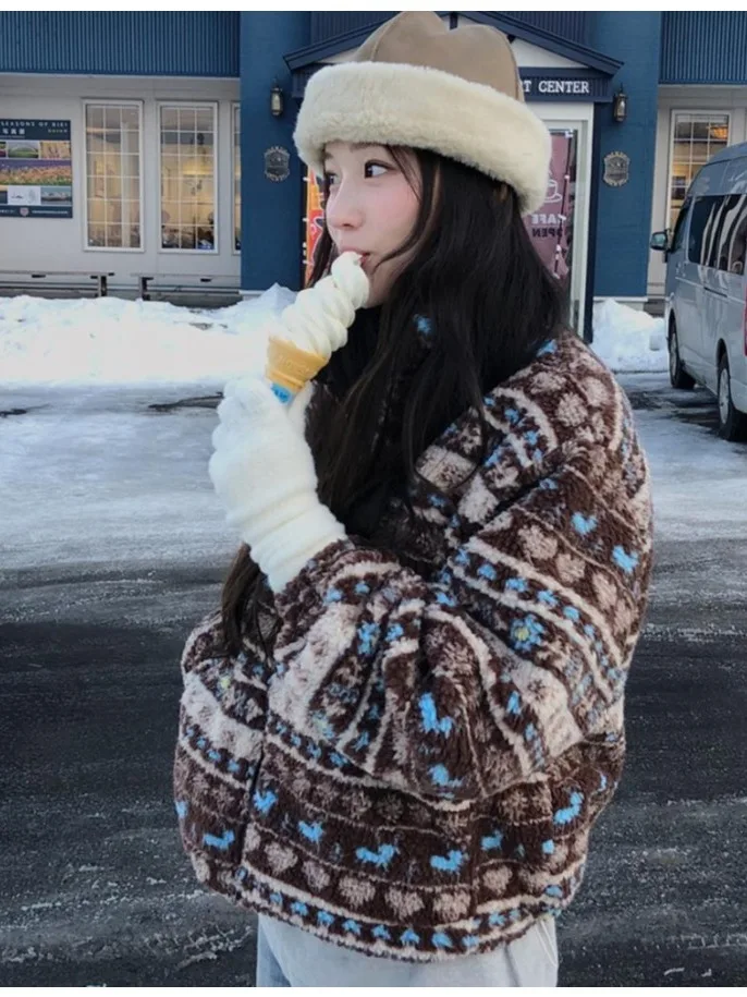 

Retro Chic Deer Fair Isle Heart Pattern Thiened Faux Fur Collar Hooded Fce Lined Cotton Jaet Women Winter Outerwear