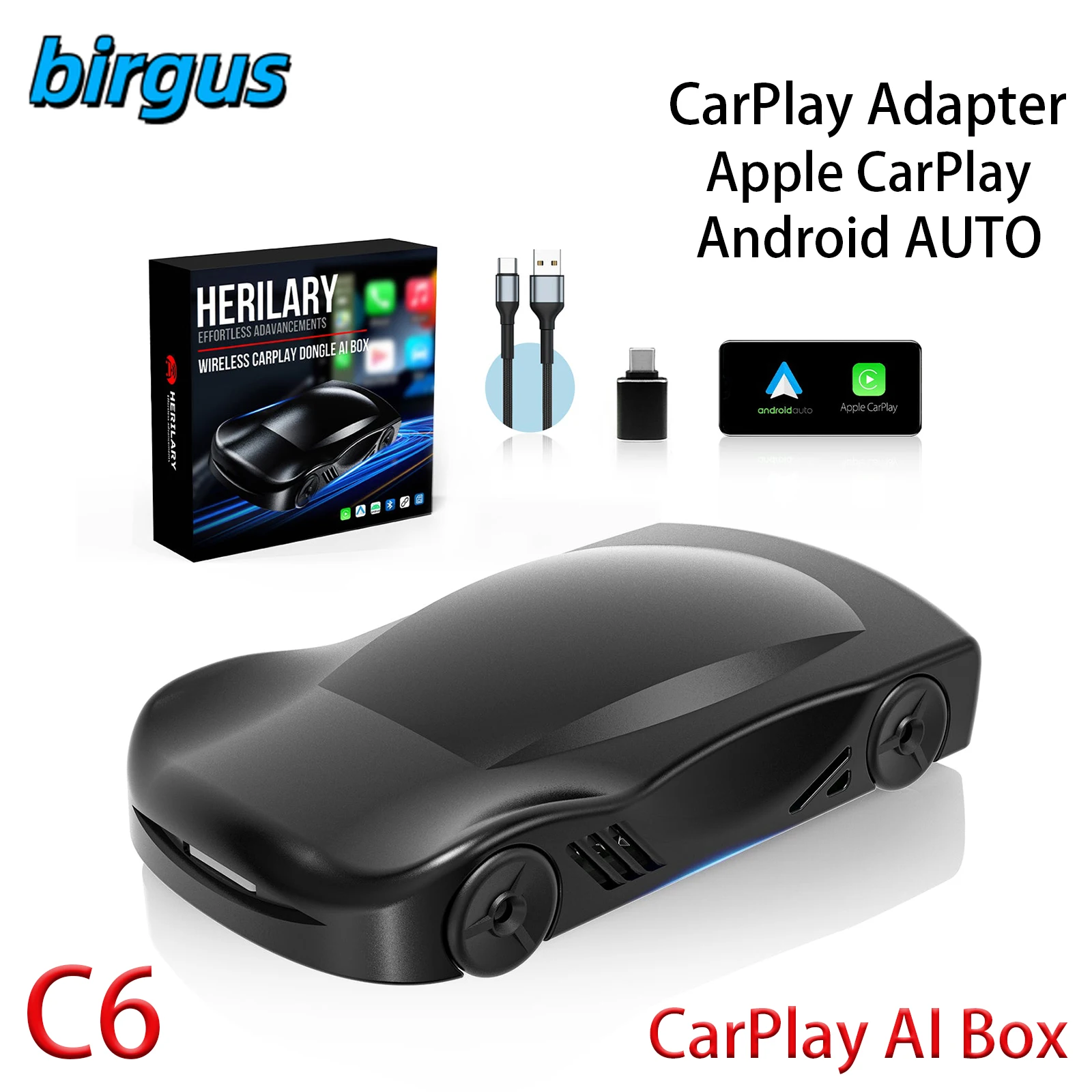 

Birgus CarPlay AI Box C6 Wireless CarPlay Adapter Android 13 Apple CarPlay Android AUTO Adapter 2G 16G Bluetooth 5.0 AI Box