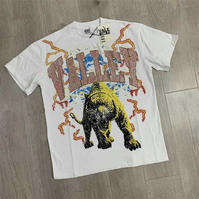 

Tiger Print Hot Drill Letter VALLEY Oversized Short Sleeve Casual White Pure Cotton Vale T-Shirts