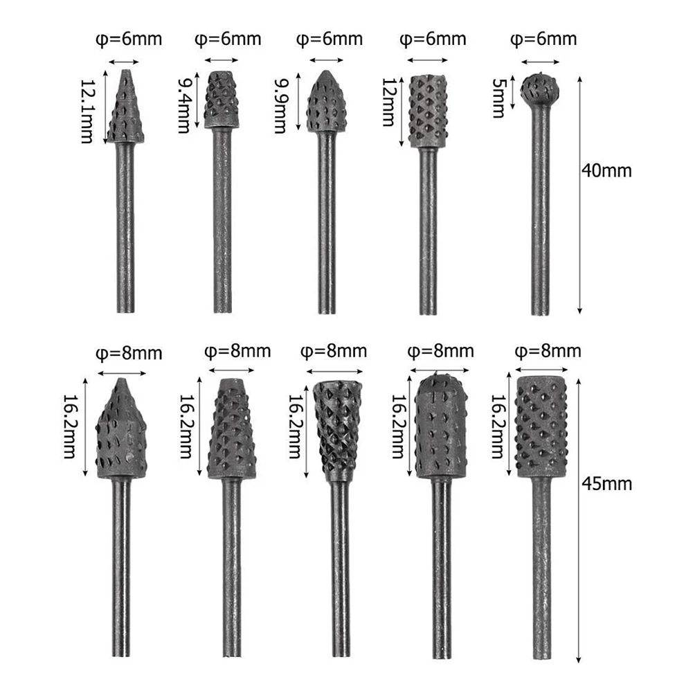 10pcs/set Rotary Rasp File Drill Bits Rasp Set 1/8" Shank Rotary Craft Files Rasp Burrs Wood Bits Grinding Woodworking Tools