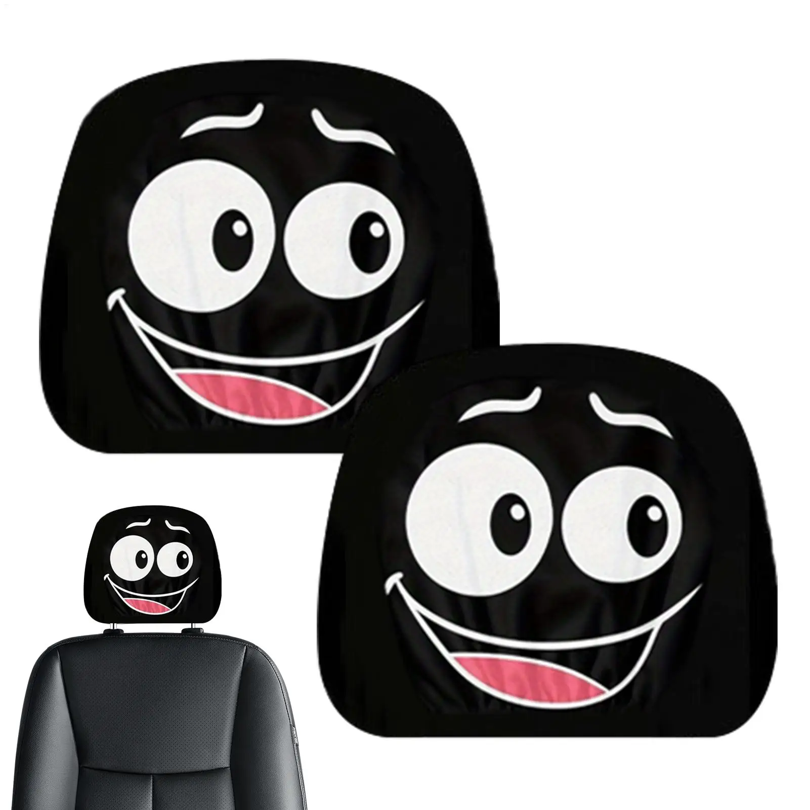 Car Headrest Cover 2 Pieces Auto Seat Coverings Vehicle Interior Accessories Funny Expression Design Cute Breathable For