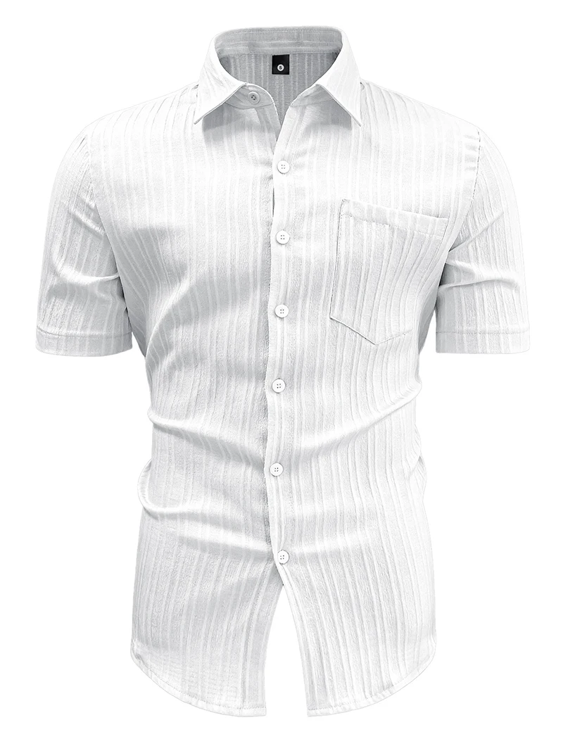 Herren Strukturiertes Kurzarmhemd Sommer Casual Button-Down-Hemd Locker Geschnittenes Atmungsaktives Oberteil mit Brusttasche für den Strandurlaub – Detail 14