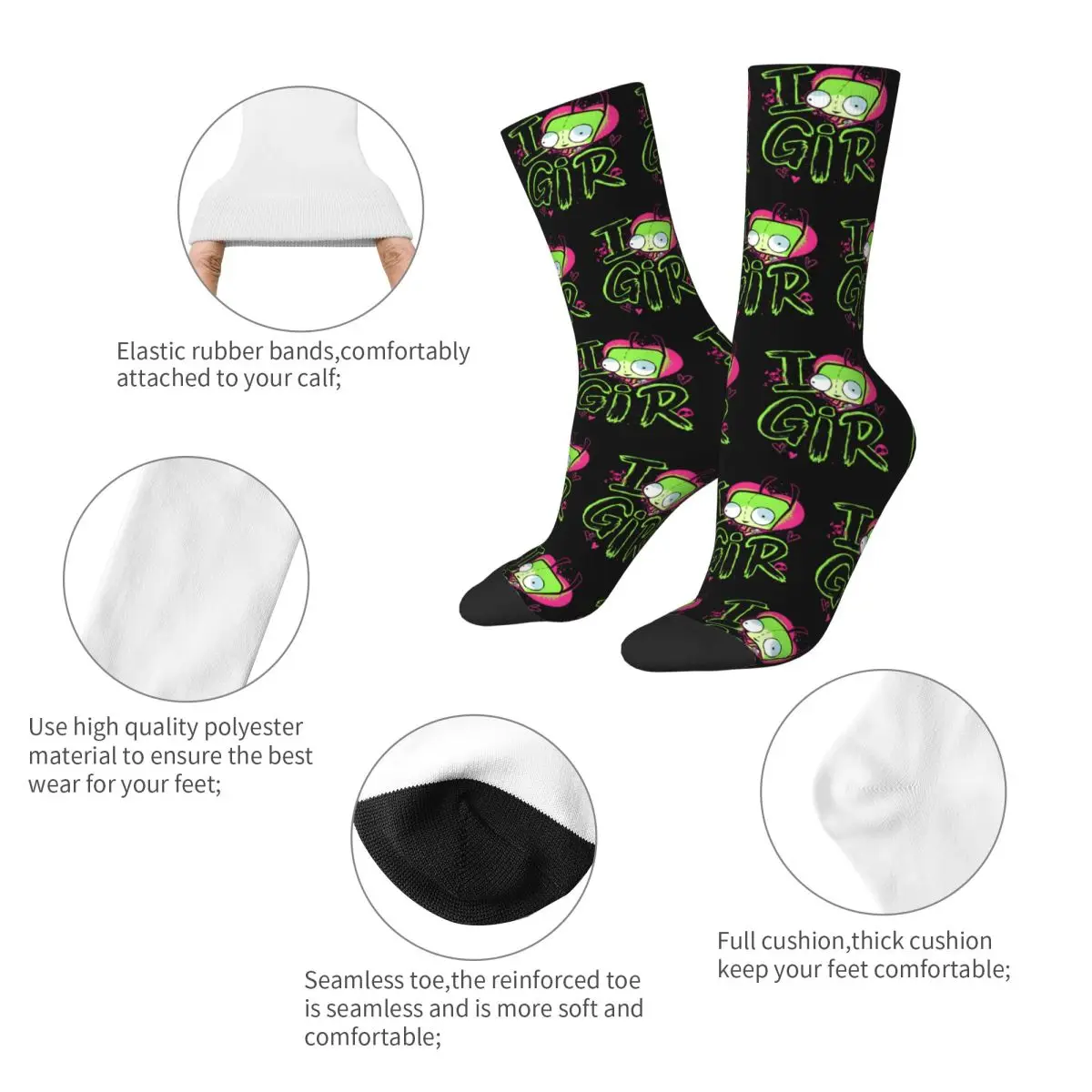 Autumn Winter Hip-hop Unisex Invader Zim Valentine's Day I Love GIR Retro Pop Socks Breathable Basketball Socks