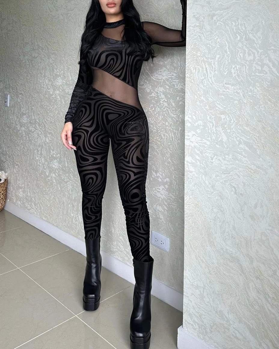 

Lace Mesh Jumpsuit Patchwork Bodycon Women Fashion Long Sleeve Slim One Piece Party Club Overalls Outfits Casual Streetwear 2024