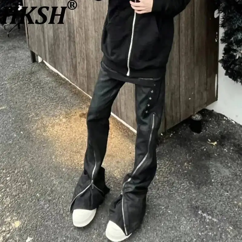 HKSH Spring Autumn New Men's Tide Punk Dark RO Coated Waxed Zipper Washed Distressed Slim Fit Jeans Fashion Denim Pants HK26220