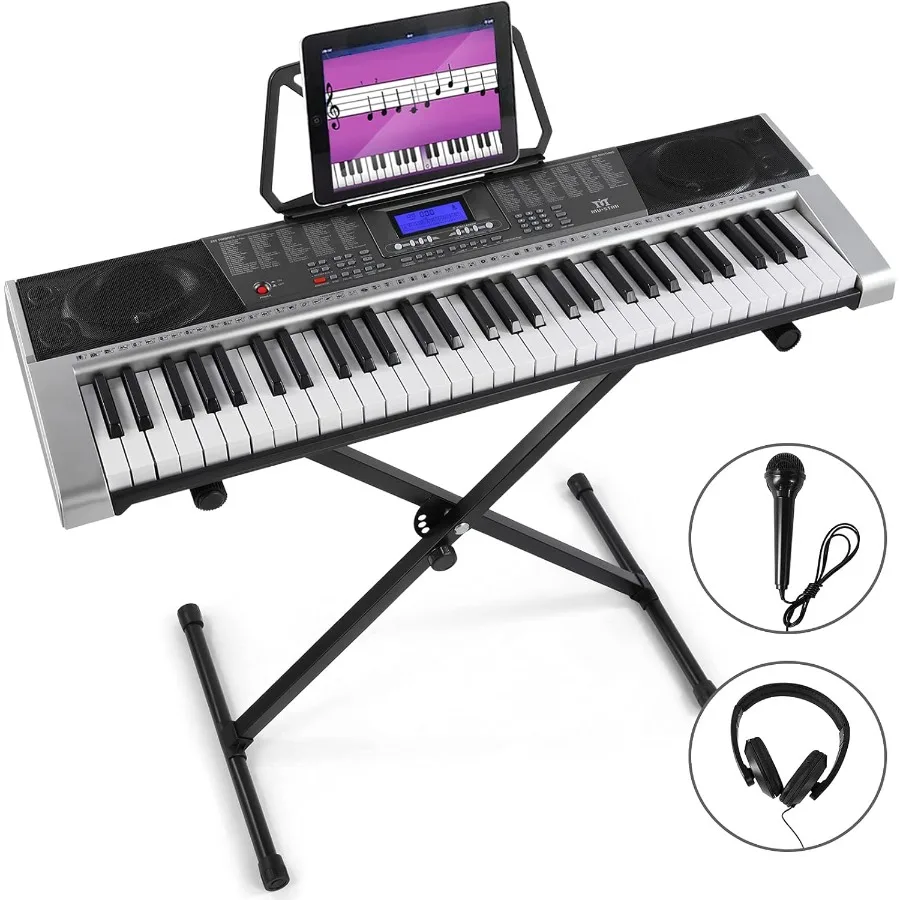 

61-клавишная электрическая клавиатура для фортепиано с подставкой для начинающих, полноразмерные клавиатуры с ЖК-экраном, наушниками, микрофоном, питанием