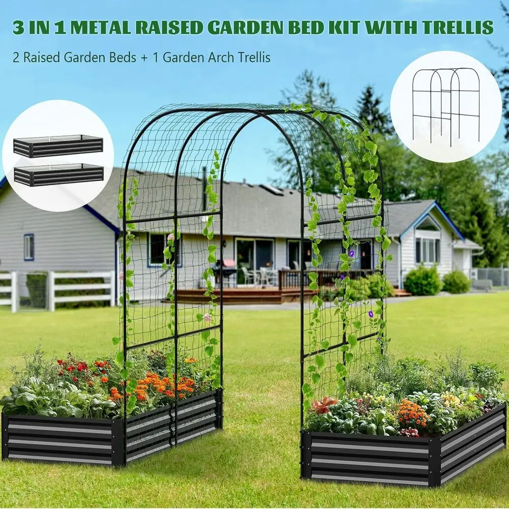All-in-One Galvanized Raised Garden Bed with 87 Arch Trellis for Climbing Plants and Vegetables, Herbs in Black