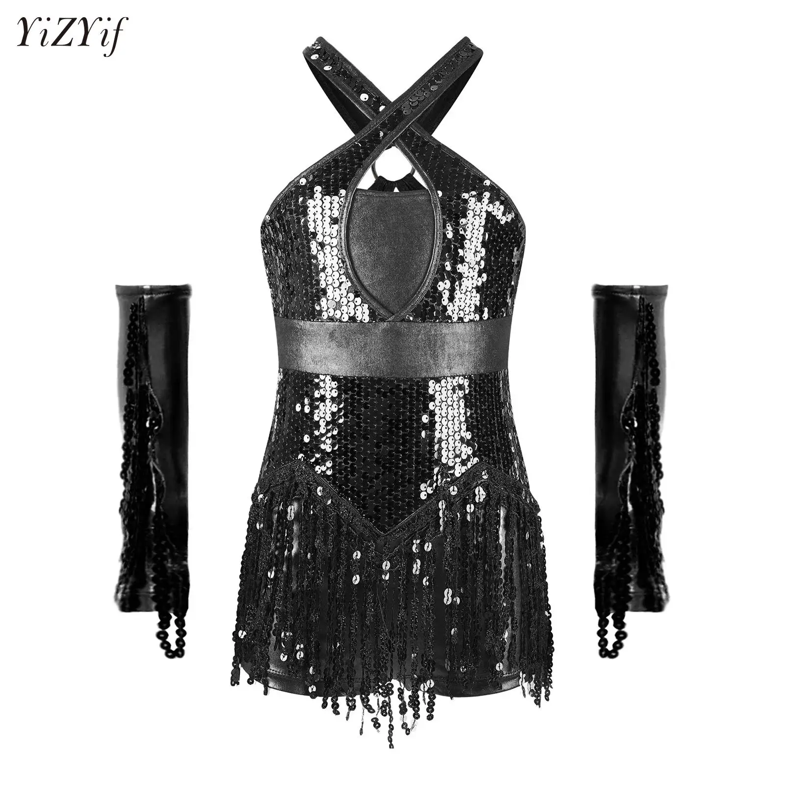 

Kids Girls Sequins Modern Jazz Hip Hop Dance Dress Halter Ballet Leotard Tassel Skirts Latin Chacha Ballroom Show Dancewear