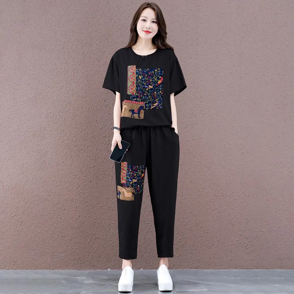 2Pcs/Set Sport Outfit Popular Stretchy Loose Outfit Mid-aged Mother Casual Printing Loose Tracksuit Daily Garment