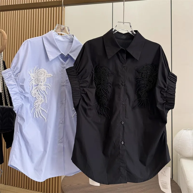 

Design Sense Heavy Beading Embroidery Oversized Youthful Shirt Top Elastic Cuffs