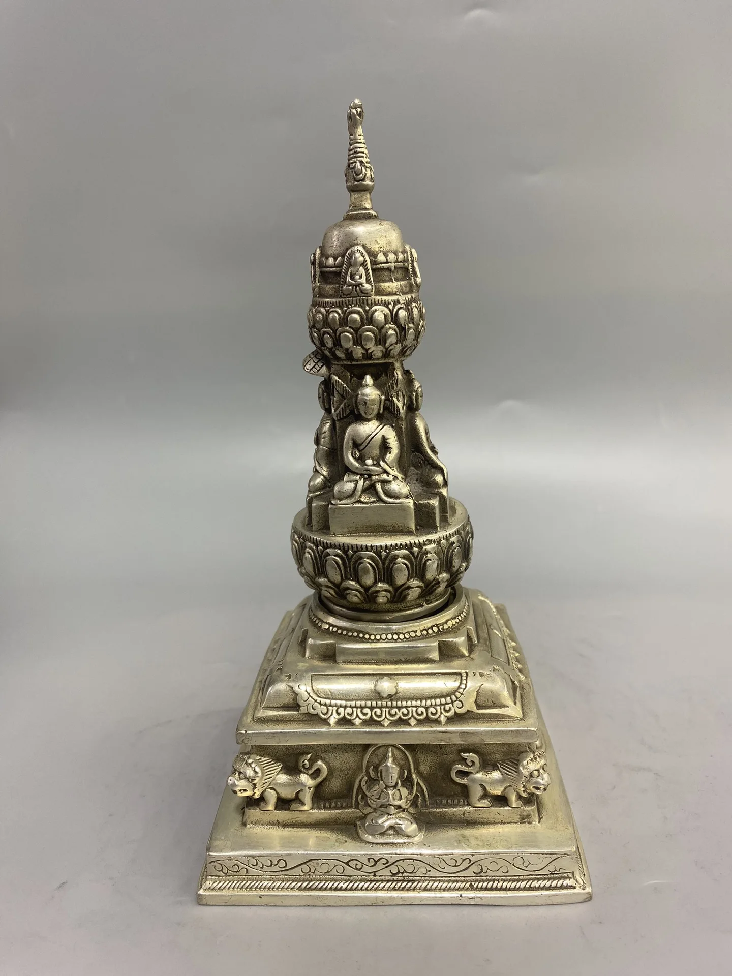 Old Bronze Gilded Silver Four sided Shakyamuni Buddha Buddha Pagoda Worship Hall