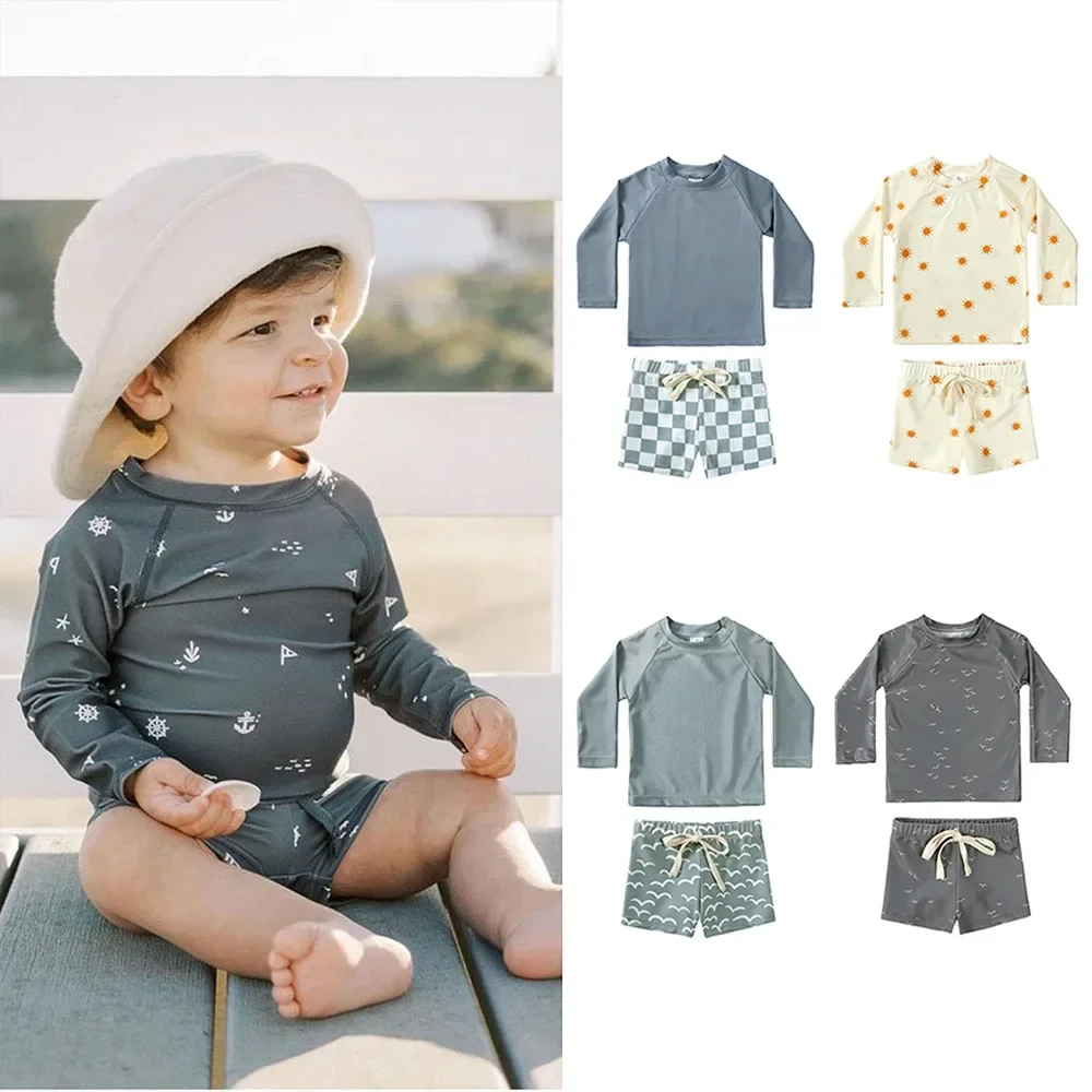 New 2025 Summer Kids Two-piece Swimsuit Boys Cartoon Long Sleeve Sunscreen Quick-Dry Surfing Suit Swimwear Baby Bathing Costume