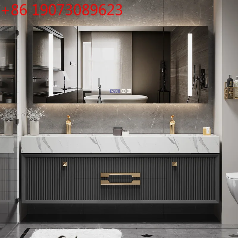 

Slate seamless integrated double basin bathroom cabinet light luxury oak bathroom cabinet toilet washstand