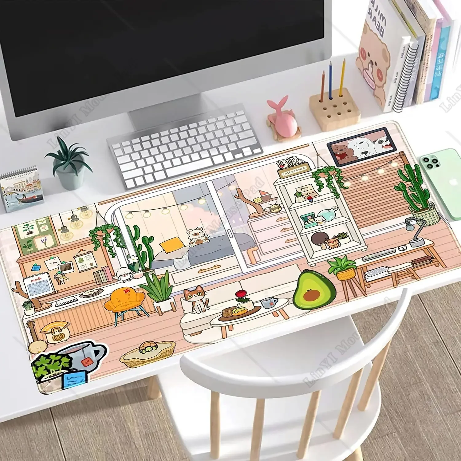 Cute Bakery Desk Mat Kawaii Mousepad Cute Japanese Anime Street Gaming Desk Pad XL Brown Green Plants Mouse Pad 31.5