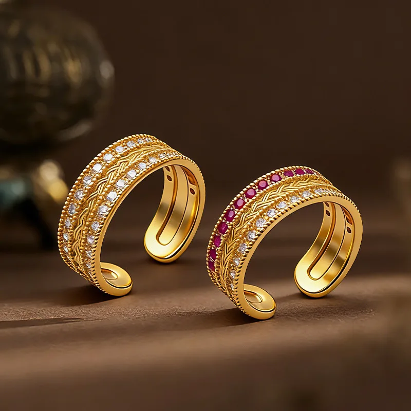 

Light Luxury Stroke Point Diamond Wheat Ear Ring 9999 24K Real Gold Retro Gold-plated Couple Ring Filigree Wind and Rain Ring