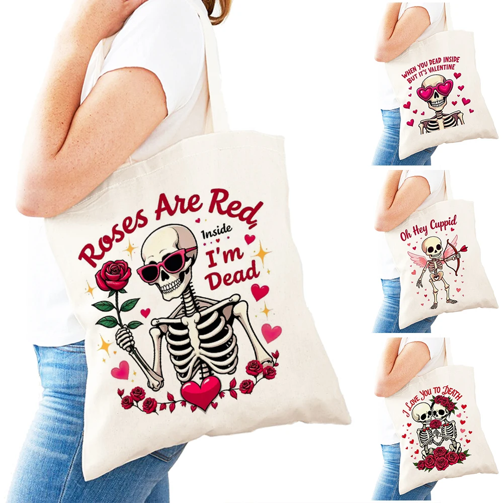 

Casual Skull Heart Girl Shopping Bags Double Print Skeleton Couple Lady Daily use Shoulder Handbag Valentine Women Shopper Bag