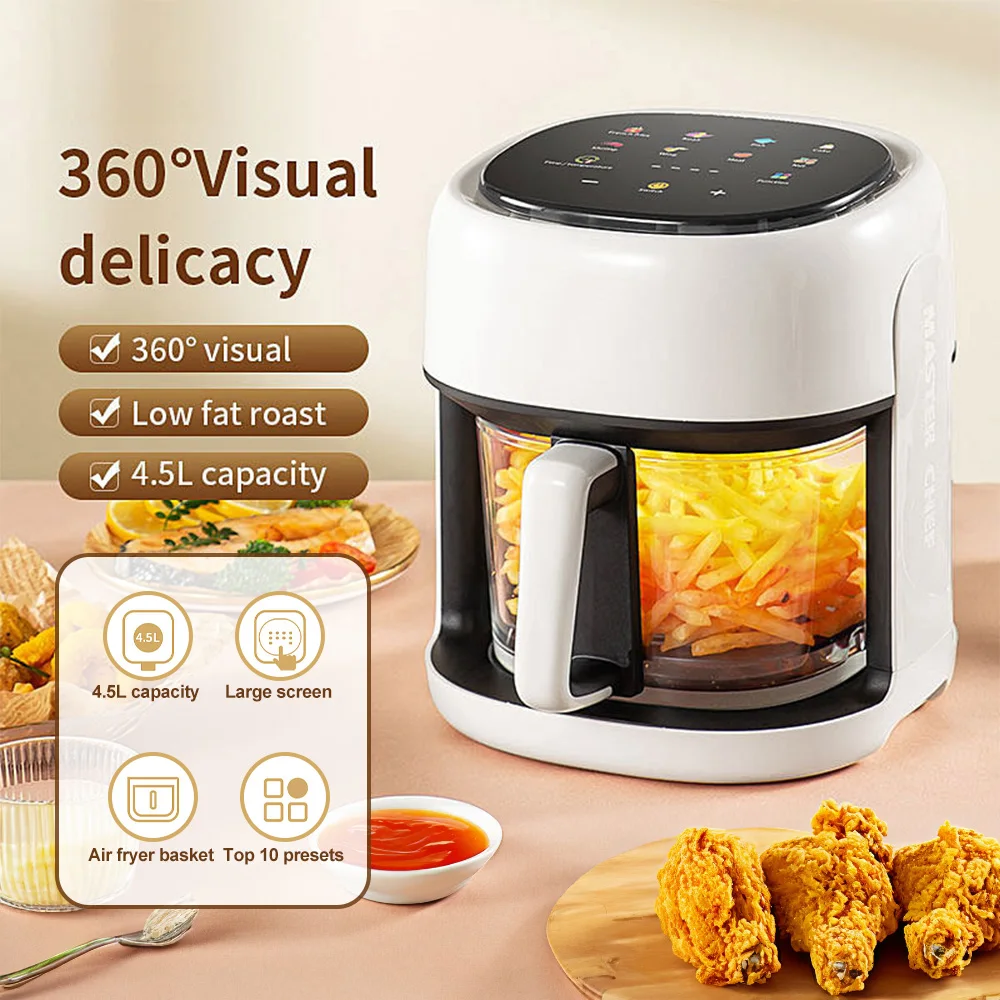 Friteuse à air intelligente compacte en verre 360 °   Fenêtre d'observation, circulation uniforme de l'air chaud, cuisson rapide, plus sain, facile à nettoyer