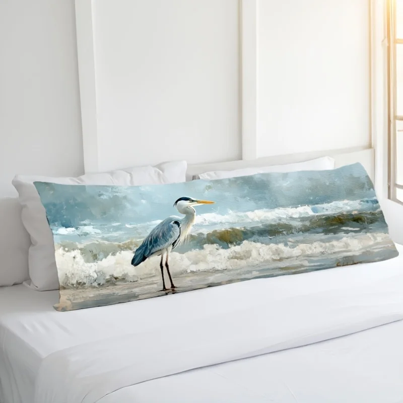 1pc Vintage Heron Print Long Lumbar Pillowcase, 50.8X137.16 cm Decorative Pillow Cover with Zipper Closure, Fabric Polyester, Re