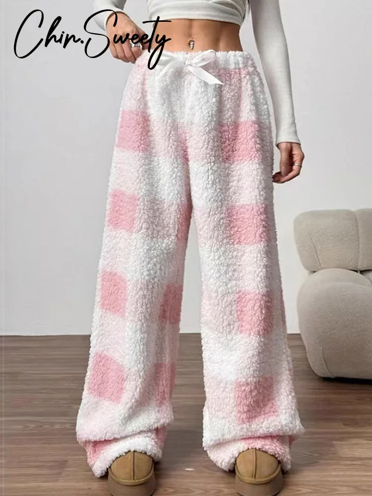 Spodnie damskie na sznurku w kratę, świąteczne, z obniżonym stanem, plisowane, z szerokimi nogawkami, na wiosnę i jesień 2026, z panelami.