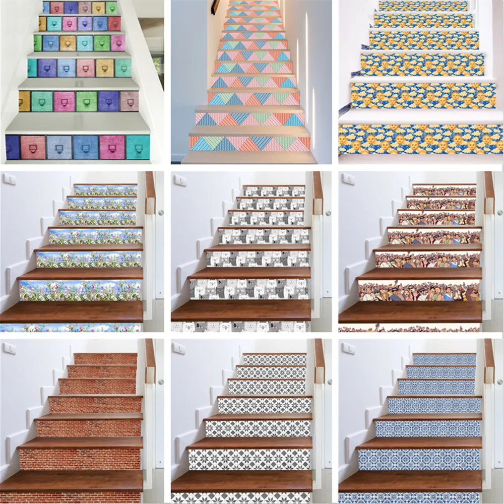 

13 /6 sets of floor tile stair stickers Family stair decoration wallpaper stair decoration pattern mural stickers