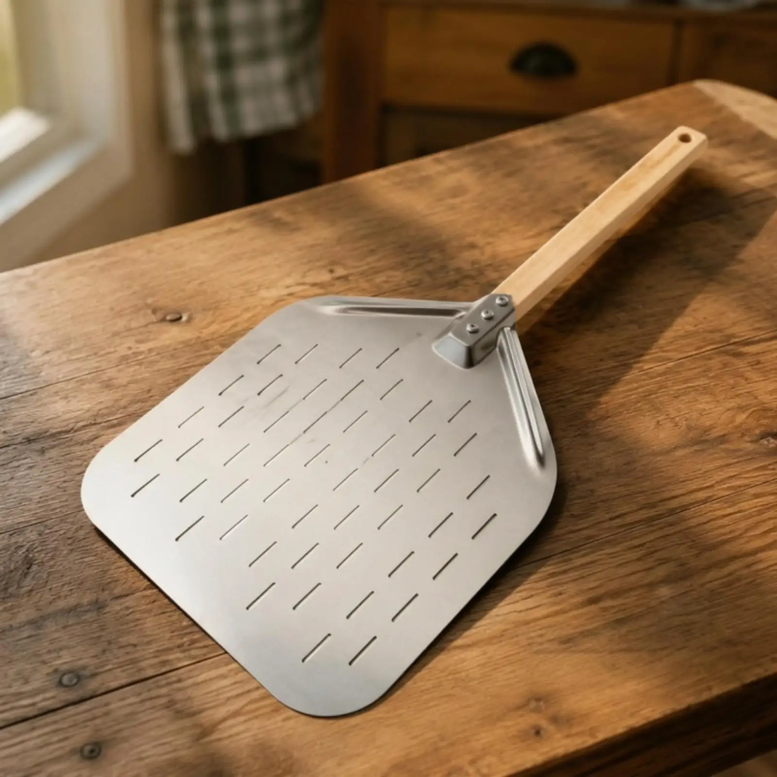 Detachable Handle Pizza Spatula with Raised Front Rim and Ventilation Slots for Smooth Pizza Oven Transfer