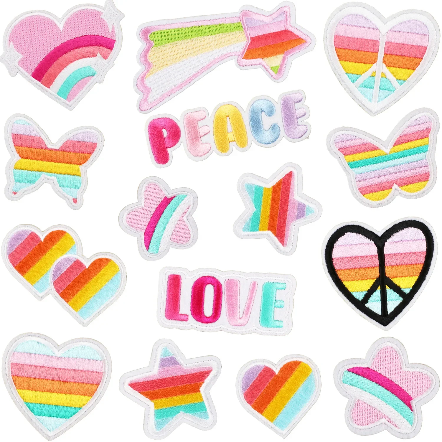 Pink Butterfly Embroidery Iron on Patch Rainbow Heart Lovely Clothing Appliques Peace Bus Girly Badge Floral Sun Thermo Stickers