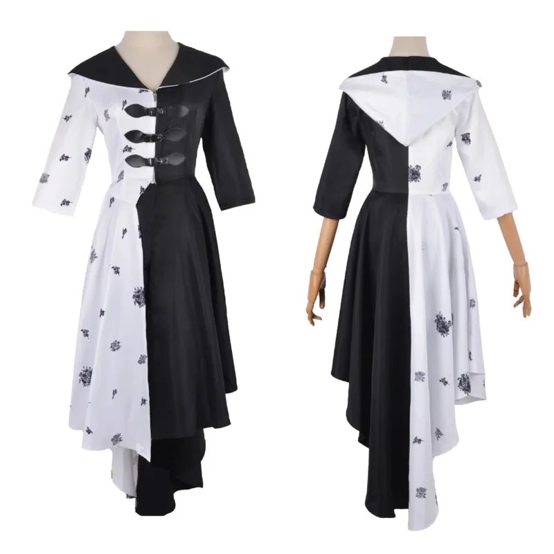Menina filmes cruella cosplay traje peruca adulto feminino vestido halloween 101 dálmatas preto branco roupas