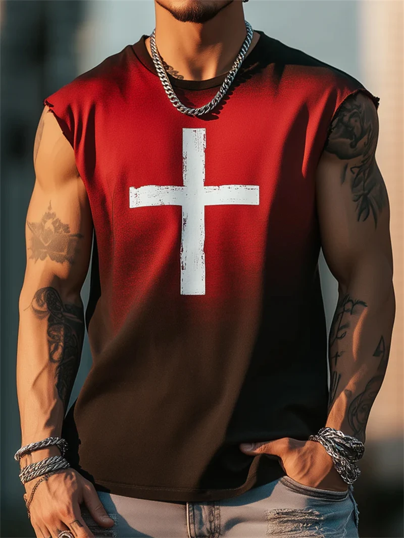 

Trendy Cross Pattern Tank Tops For Men Summer Fashion Hip Hop Streetwear 3D Printed Vest Cool Oversized Breathable Tees Tops