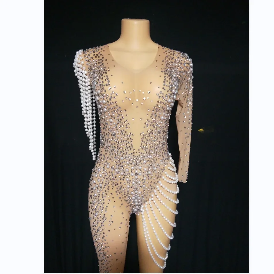 Doorzichtige jumpsuits dames parel strass gogo danseres showgirl drag kostuum rave festival outfit feest nachtclub bodysuit