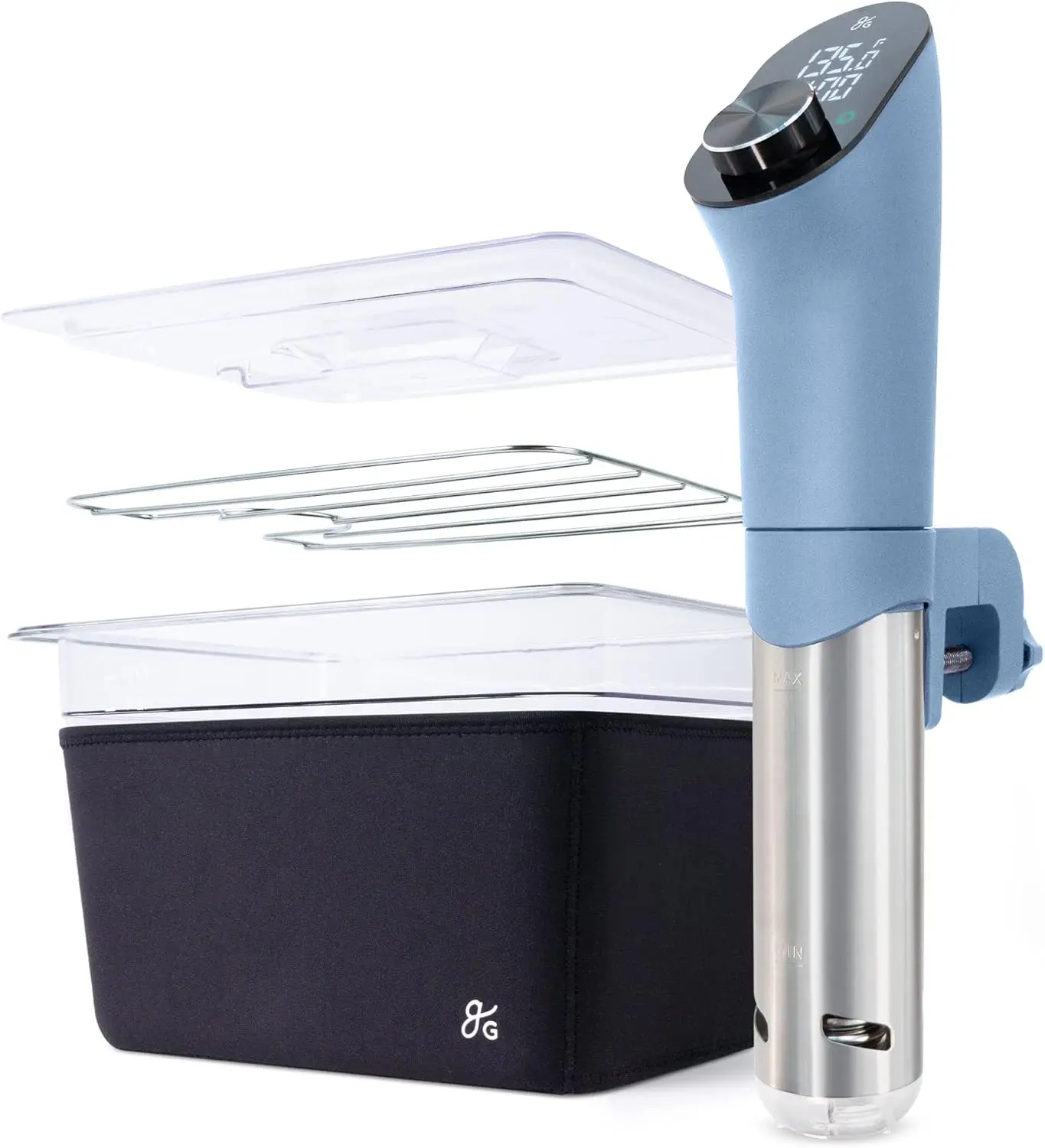 

Pro Sous Vide Kit - An 1100 Watt, Powerful, Precise Sous Vide Cooker and Premium, Plastic Container with Sous Vide Rack, Lid