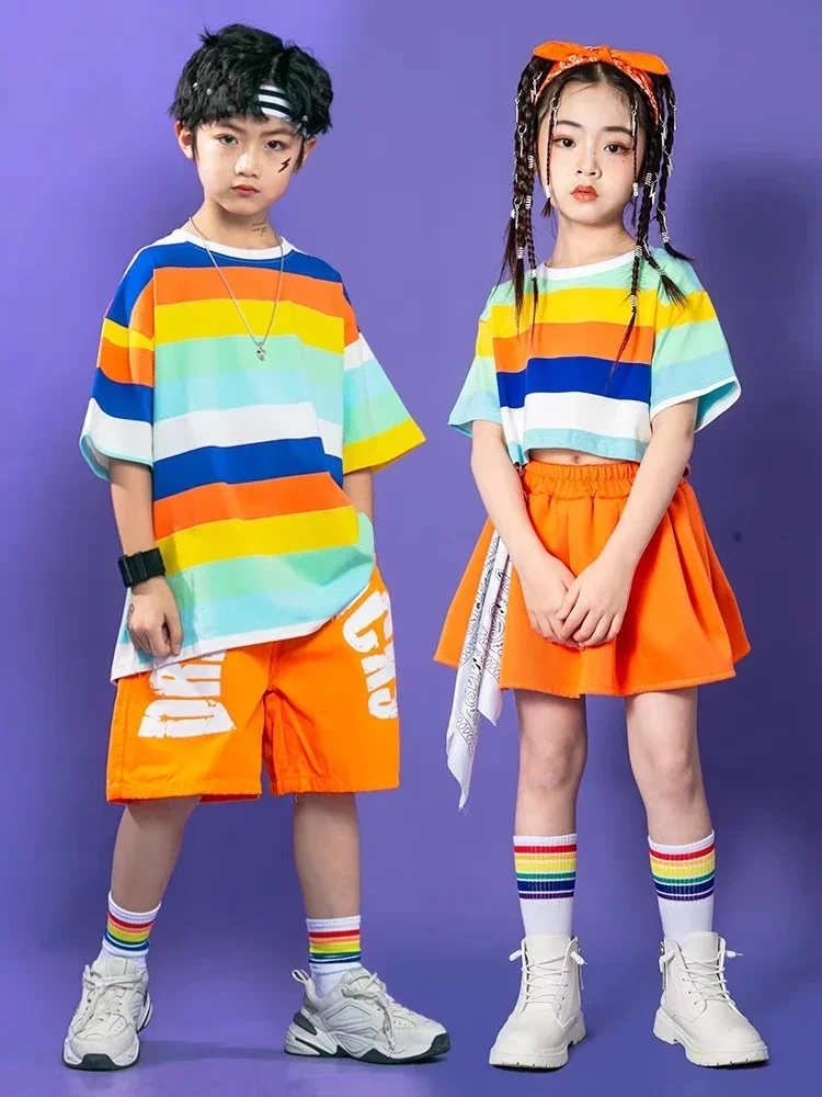 Haut court rayé pour filles, pantalon Cargo pour garçons, T-shirt Hip Hop arc-en-ciel, short de danse de rue ample, Streetwear pour enfants, Costumes de Jazz pour enfants