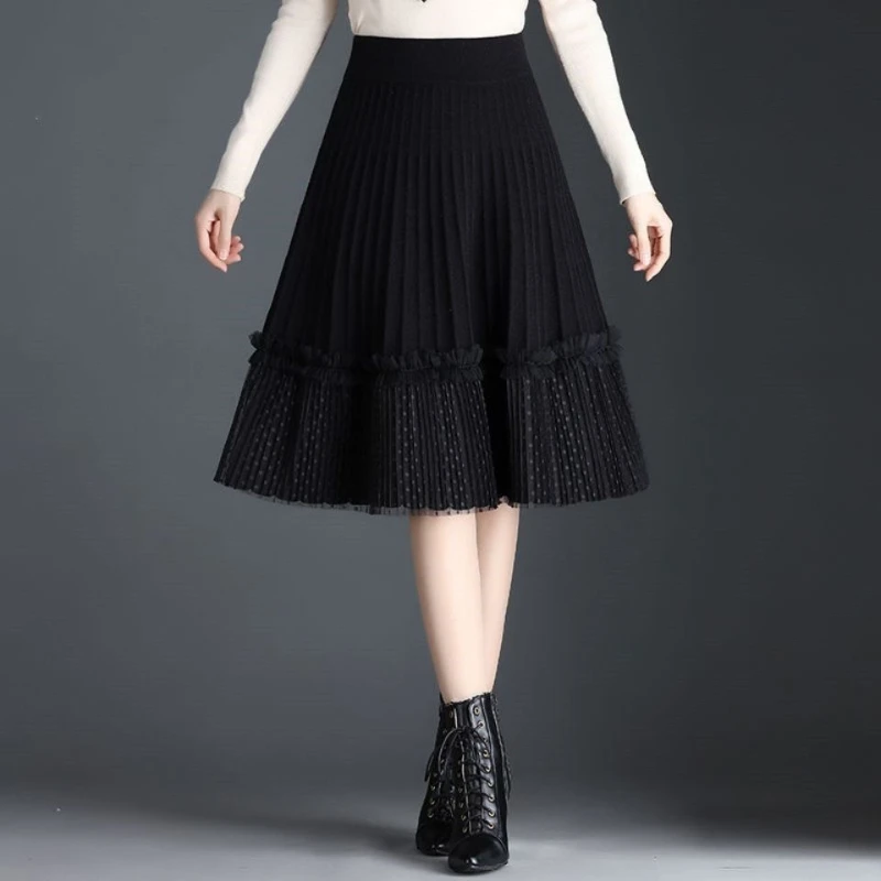 

Korean Fashion Autumn Winter Women Solid Elastic High Waist Lace Patchwork Simplicity Mid-length A-line Pleated Knitted Skirt