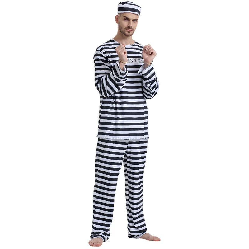 

Men Prisoner Carnival Halloween Costume Adult Women Striped Prison Jail Uniform Fancy Dress Up New Arrival 2026